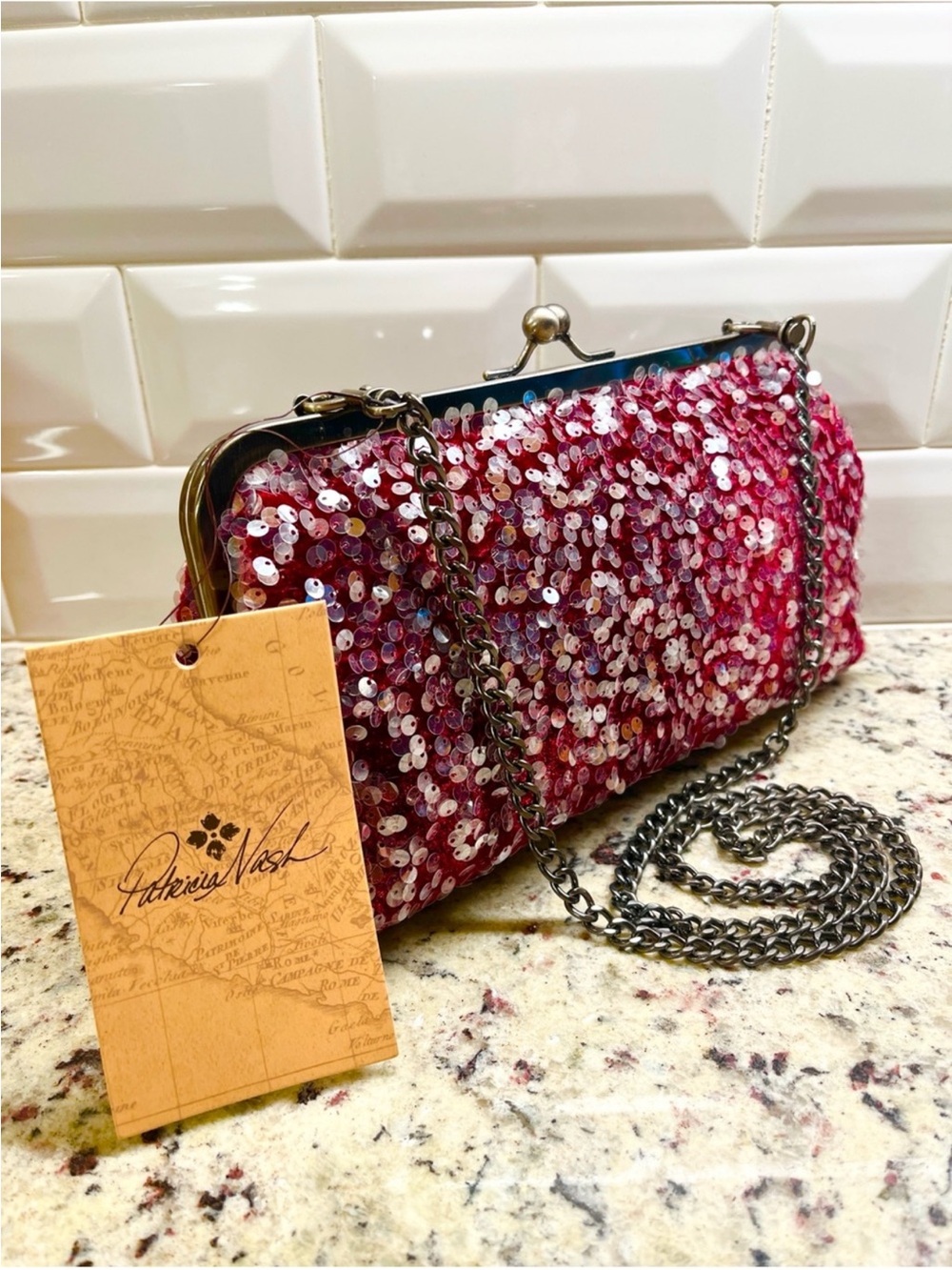 Patricia Nash NWT Potenaz Burgundy Sequin Framed Kiss Lock Clutch